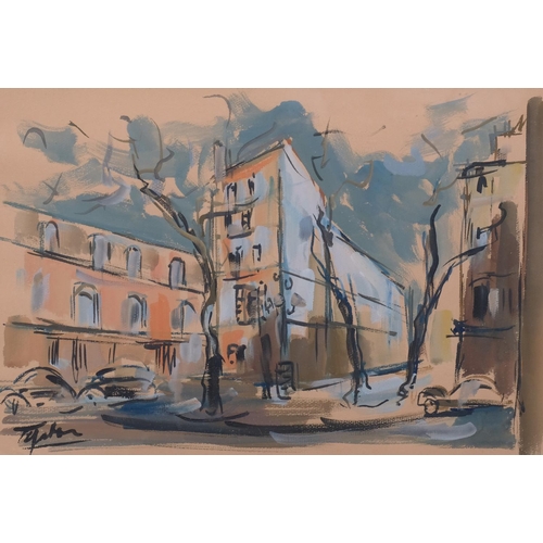 686 - Mid-20th century Continental street scene, watercolour, indistinctly signed, 31cm x 46cm, framed