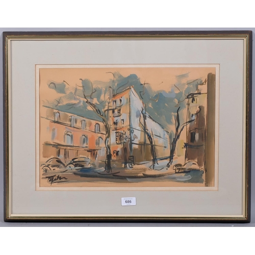 686 - Mid-20th century Continental street scene, watercolour, indistinctly signed, 31cm x 46cm, framed