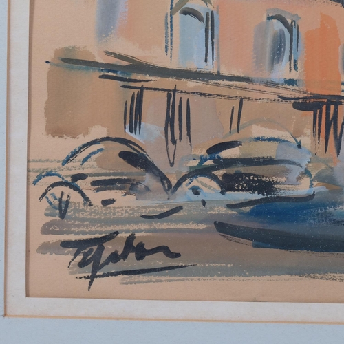 686 - Mid-20th century Continental street scene, watercolour, indistinctly signed, 31cm x 46cm, framed