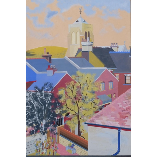 687 - Modernist rooftops and church tower, mid-20th century gouache on paper, unsigned, 46cm x 31cm, frame... 