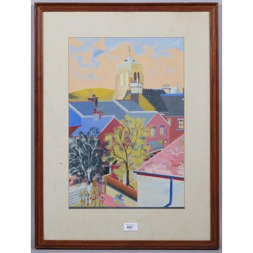 687 - Modernist rooftops and church tower, mid-20th century gouache on paper, unsigned, 46cm x 31cm, frame... 