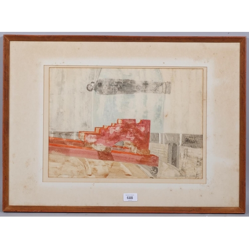 688 - David Holt, abstract composition, mid-20th century watercolour, signed and dated 1967, 30cm x 42cm, ... 