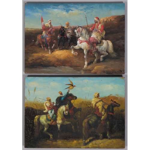 690 - Arab horsemen, pair of 20th century oils on wood panels, unsigned, 13cm x 18cm, unframed