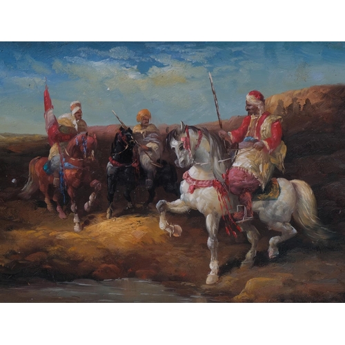 690 - Arab horsemen, pair of 20th century oils on wood panels, unsigned, 13cm x 18cm, unframed