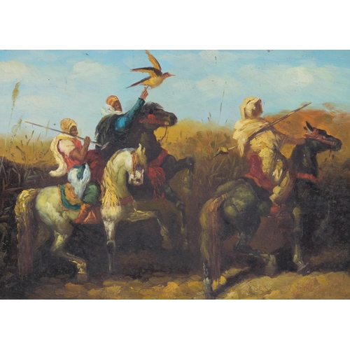 690 - Arab horsemen, pair of 20th century oils on wood panels, unsigned, 13cm x 18cm, unframed