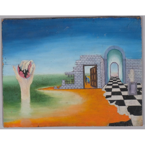 691 - Surrealist composition, contemporary oil on board, unsigned, 18cm x 22.5cm, unframed