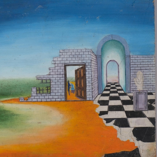 691 - Surrealist composition, contemporary oil on board, unsigned, 18cm x 22.5cm, unframed