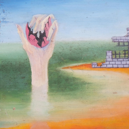 691 - Surrealist composition, contemporary oil on board, unsigned, 18cm x 22.5cm, unframed