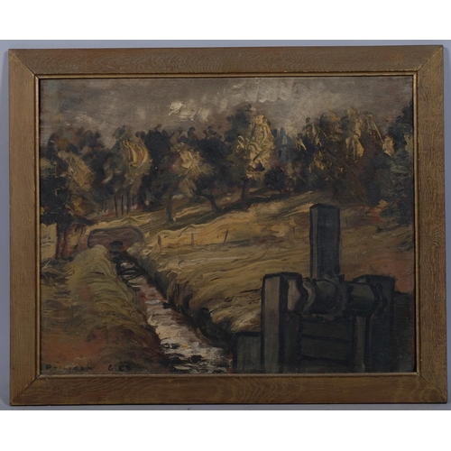 694 - Stream and weir, mid-20th century oil on board, indistinctly signed, 32cm x 40cm, framed