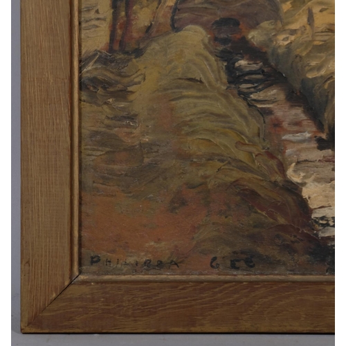 694 - Stream and weir, mid-20th century oil on board, indistinctly signed, 32cm x 40cm, framed