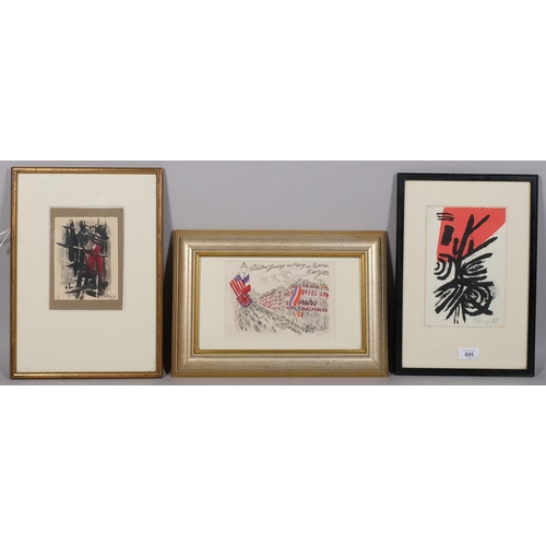 695 - 3 Christmas/New Year cards, Jack Clemente (Drian Gallery), Izgan Baz 1958, and Raoul Dufy (hand colo... 