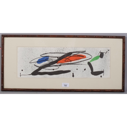 703 - Joan Miro, invitation card, original lithograph for 1973 exhibition, sheet 16cm x 50cm, framed