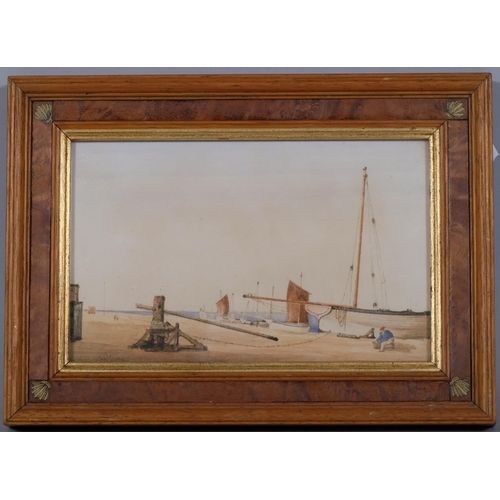 709 - 19th century Danish School, beached fishing boats, pair of watercolours, unsigned, 10.5cm x 17cm, fr... 