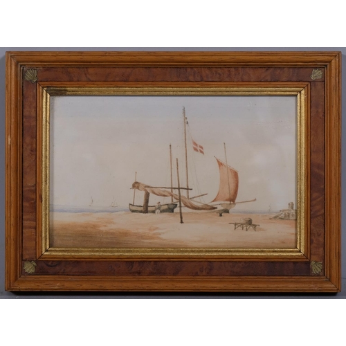 709 - 19th century Danish School, beached fishing boats, pair of watercolours, unsigned, 10.5cm x 17cm, fr... 