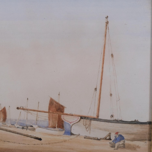 709 - 19th century Danish School, beached fishing boats, pair of watercolours, unsigned, 10.5cm x 17cm, fr... 