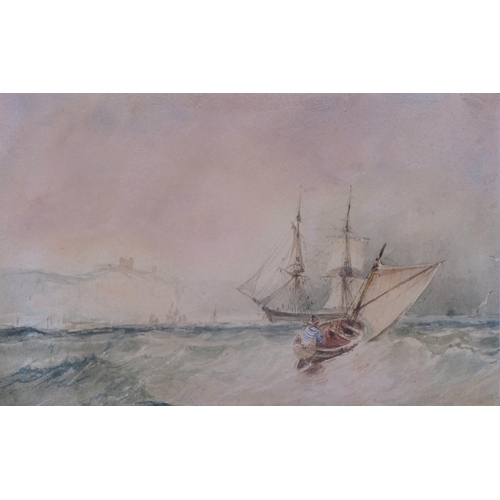 710 - Shipping off the Dover coast, 19th century watercolour, unsigned, 10cm x 16cm, framed