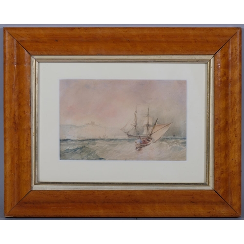 710 - Shipping off the Dover coast, 19th century watercolour, unsigned, 10cm x 16cm, framed