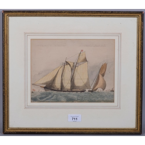 711 - Clipper ship at full sail, 19th century watercolour, unsigned, 18cm x 24cm, framed