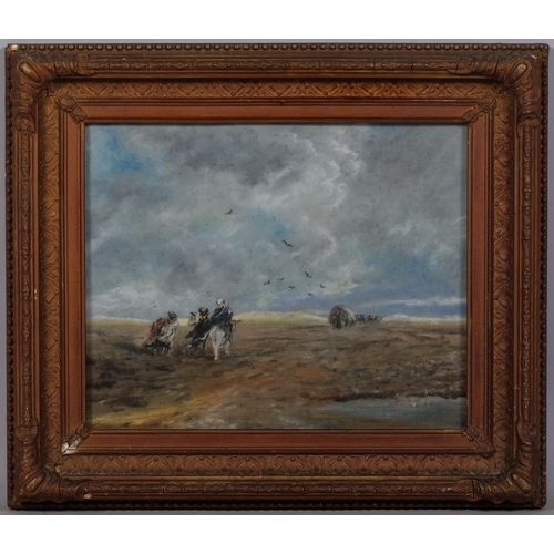 712 - Manner of David Cox, travellers in stormy landscape, 19th century coloured pastels, unsigned, 20cm x... 