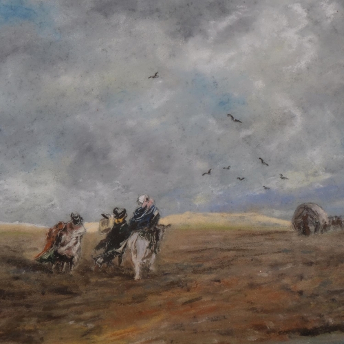 712 - Manner of David Cox, travellers in stormy landscape, 19th century coloured pastels, unsigned, 20cm x... 