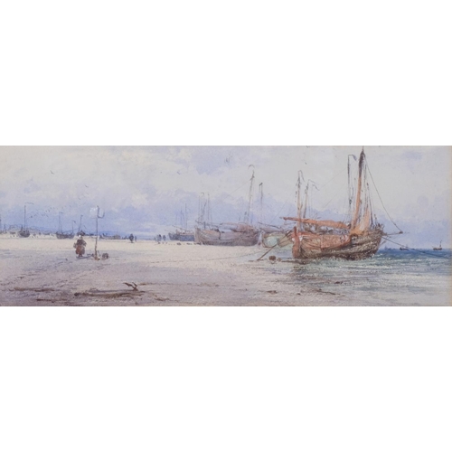 714 - Circle of Thomas Bush Hardy, fishing beach scene, 19th century watercolour, unsigned, 13cm x 35cm, f... 