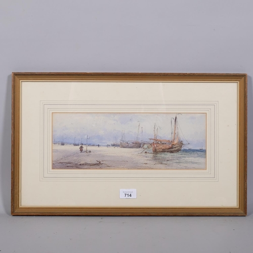 714 - Circle of Thomas Bush Hardy, fishing beach scene, 19th century watercolour, unsigned, 13cm x 35cm, f... 