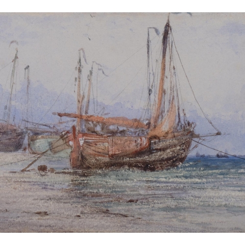 714 - Circle of Thomas Bush Hardy, fishing beach scene, 19th century watercolour, unsigned, 13cm x 35cm, f... 