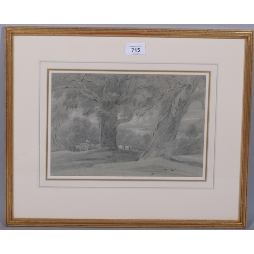 715 - Timber workers in wooded landscape, 19th century pencil/chalk on paper, unsigned, 20cm x 30cm, frame... 