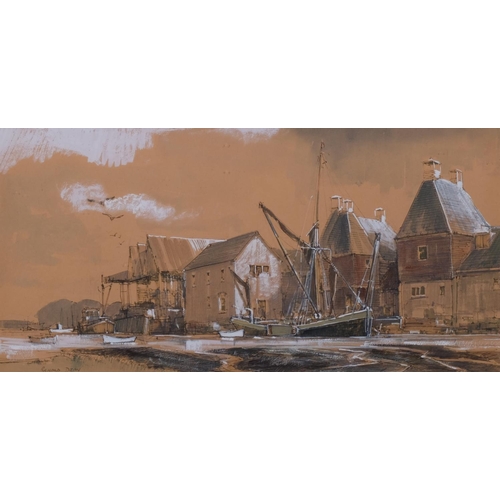 716 - Ronald Dean, boatyard scene, watercolour, signed, 22cm x 42cm, framed