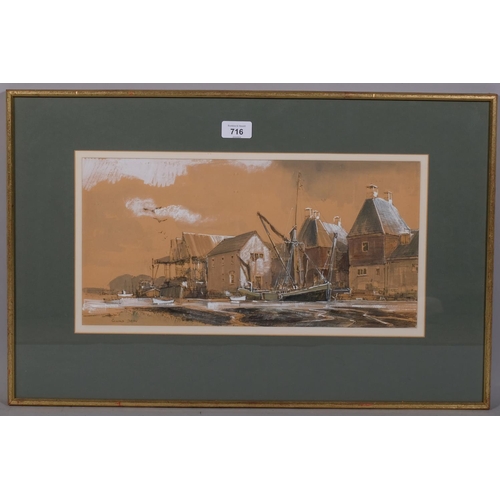 716 - Ronald Dean, boatyard scene, watercolour, signed, 22cm x 42cm, framed