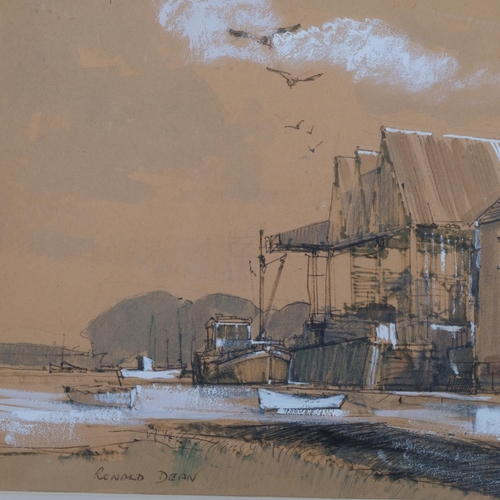 716 - Ronald Dean, boatyard scene, watercolour, signed, 22cm x 42cm, framed