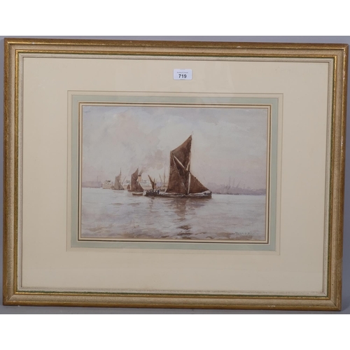 719 - Arthur Burgess, Thames barges, watercolour, signed, 28cm x 37cm, framed