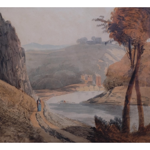 731 - Nineteenth Century English School, watercolour on paper, River Landscape, 30cm x 33.5cm, mounted, gl... 