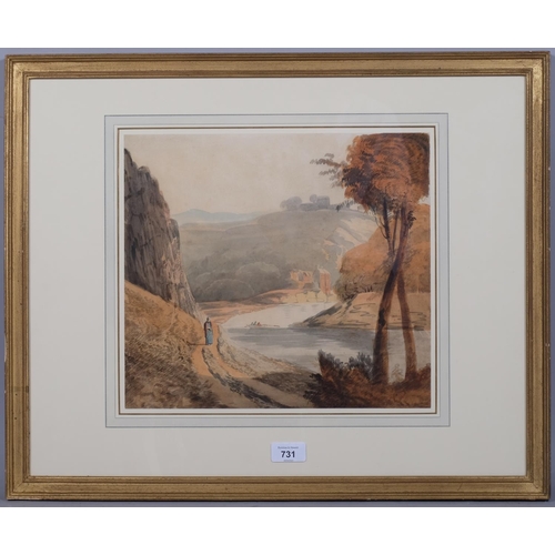 731 - Nineteenth Century English School, watercolour on paper, River Landscape, 30cm x 33.5cm, mounted, gl... 