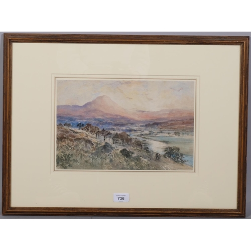 736 - Samuel Bough (1822-1878), watercolour on paper, River Landscape with Mountains, 21cm x 33cm, mounted... 