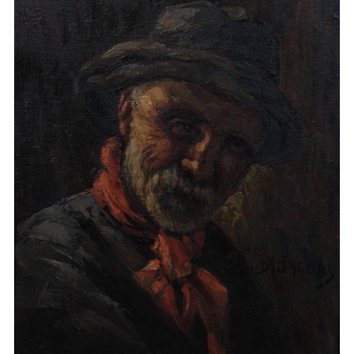 752 - D Jacobs, portrait of a man, mid-20th century oil on board, signed, 58cm x 38cm, framed