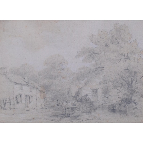 753 - Follower of Thomas Gainsborough, farmyard scene, pencil sketch, unsigned, 19cm x 27cm, framed