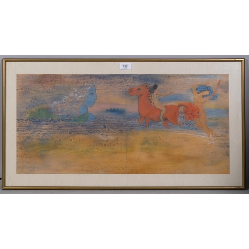 758 - Giorgos Stathopoulos (Greek, born 1944), Greek fantasy scene, mixed media, signed, 32cm x 69cm, fram... 