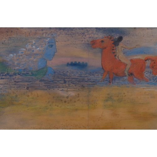 758 - Giorgos Stathopoulos (Greek, born 1944), Greek fantasy scene, mixed media, signed, 32cm x 69cm, fram... 