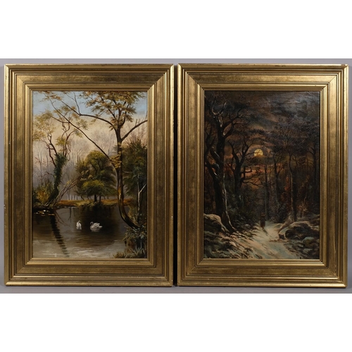 766 - L Bentall, woodland scene by moonlight, and swans on a lake, pair of 19th century oils on canvas, si... 