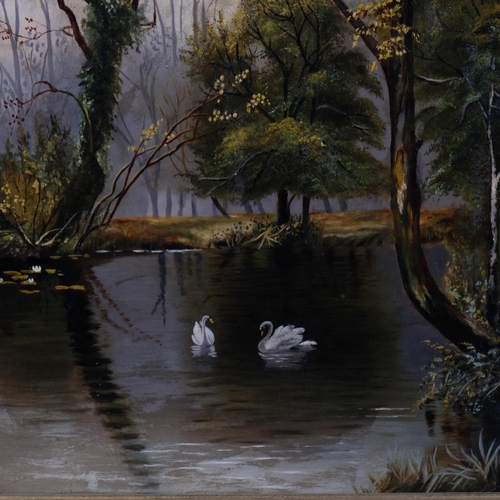 766 - L Bentall, woodland scene by moonlight, and swans on a lake, pair of 19th century oils on canvas, si... 