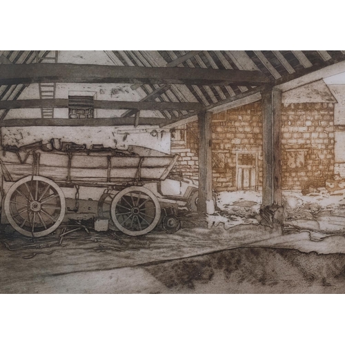 771 - Michael Chaplin, Cotswold Barn, coloured etching, signed and numbered in pencil, 62/100, plate 32cm ... 