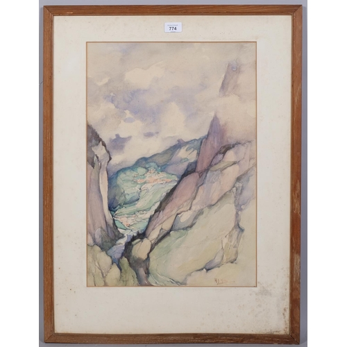 774 - H J Yates, mountain landscape, mid-20th century watercolour, signed, 53cm x 37cm, framed