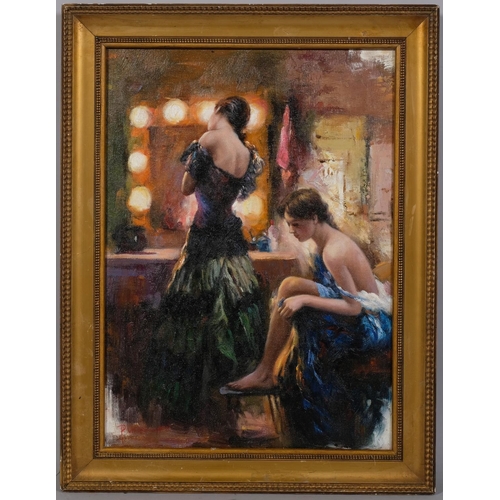 777 - Theatre girls in the dressing room, contemporary oil on canvas, indistinctly signed, 41cm x 29cm, fr... 