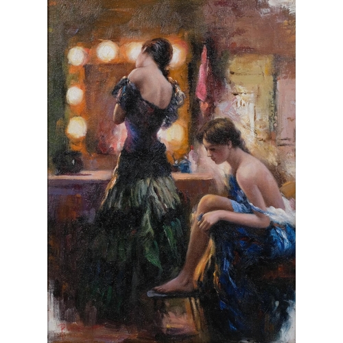 777 - Theatre girls in the dressing room, contemporary oil on canvas, indistinctly signed, 41cm x 29cm, fr... 