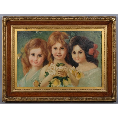 780 - Portrait of 3 children, contemporary oil on board, 36cm x 52cm, framed