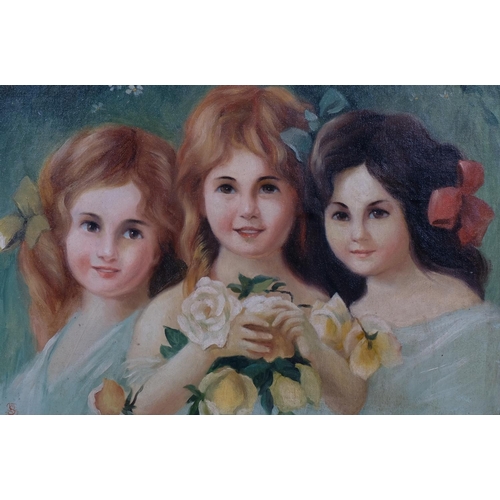 780 - Portrait of 3 children, contemporary oil on board, 36cm x 52cm, framed