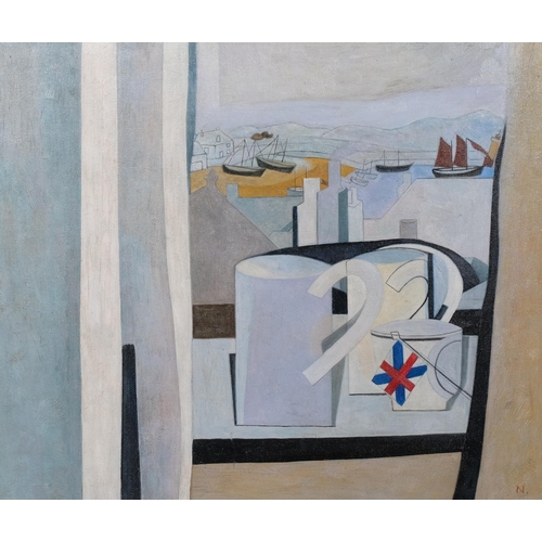 781 - Modernist harbour scene, contemporary oil on board, 51cm x 61cm, framed