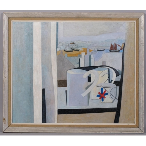 781 - Modernist harbour scene, contemporary oil on board, 51cm x 61cm, framed