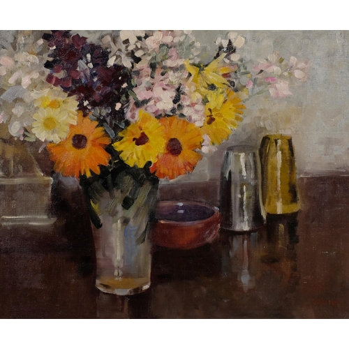 782 - Leslie Grimes (born 1897), still life, oil on canvas, inscribed verso, 51cm x 60cm, framed